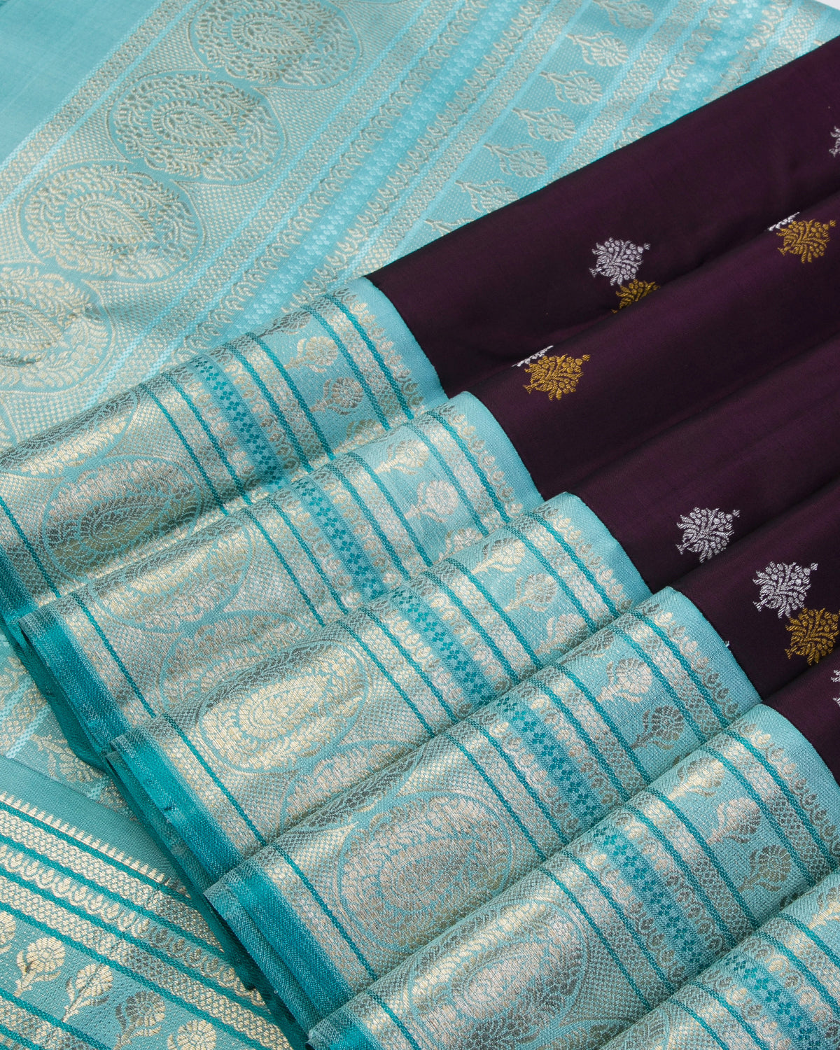 Purple & Sky Blue Kanjivaram Silk Saree - S1014(A) - View 4
