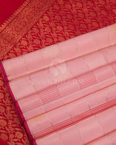 Baby Pink & Red Selvedge Kanjivaram Silk Saree - S1069(A) - View 3