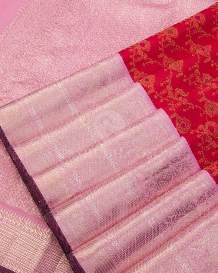 Red and Rose Pink Kanjivaram Silk Saree - S1054(A)