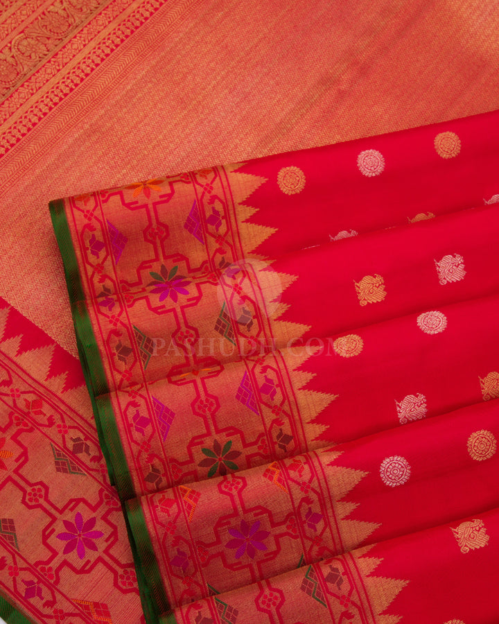 Dark Red and Green Pure Zari Kanjivaram Silk Saree - P114 - View 5