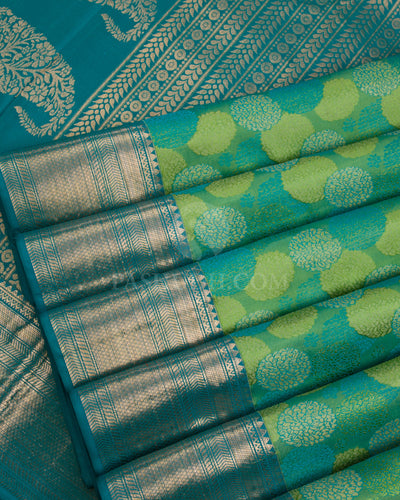 Leaf Green & Peacock Blue Kanjivaram Silk Saree - D523(B) - View 4