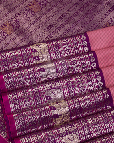 Baby Pink and Dark Violet Kanjivaram Silk Saree - S1142(B) - View 5