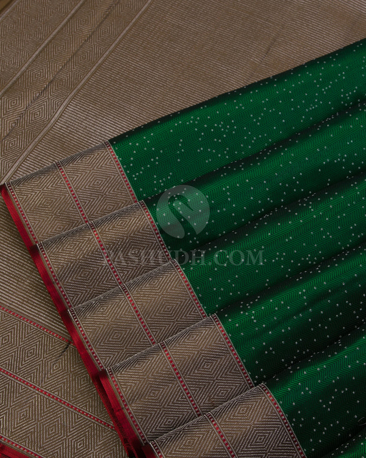 Forest Green & Khaki Kanjivaram Silk Saree - DJ275(B) - View 3
