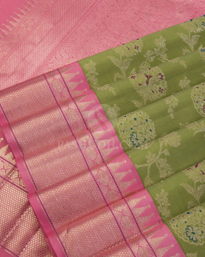 Parrot Green & Baby Pink Kanjivaram Silk Saree - S1050(A) - View 4