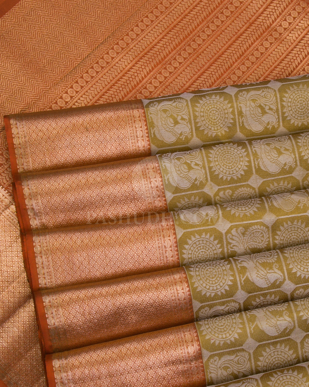 Golden Yellow And Rust Orange Kanjivaram Silk Saree - D542(A) - View 2