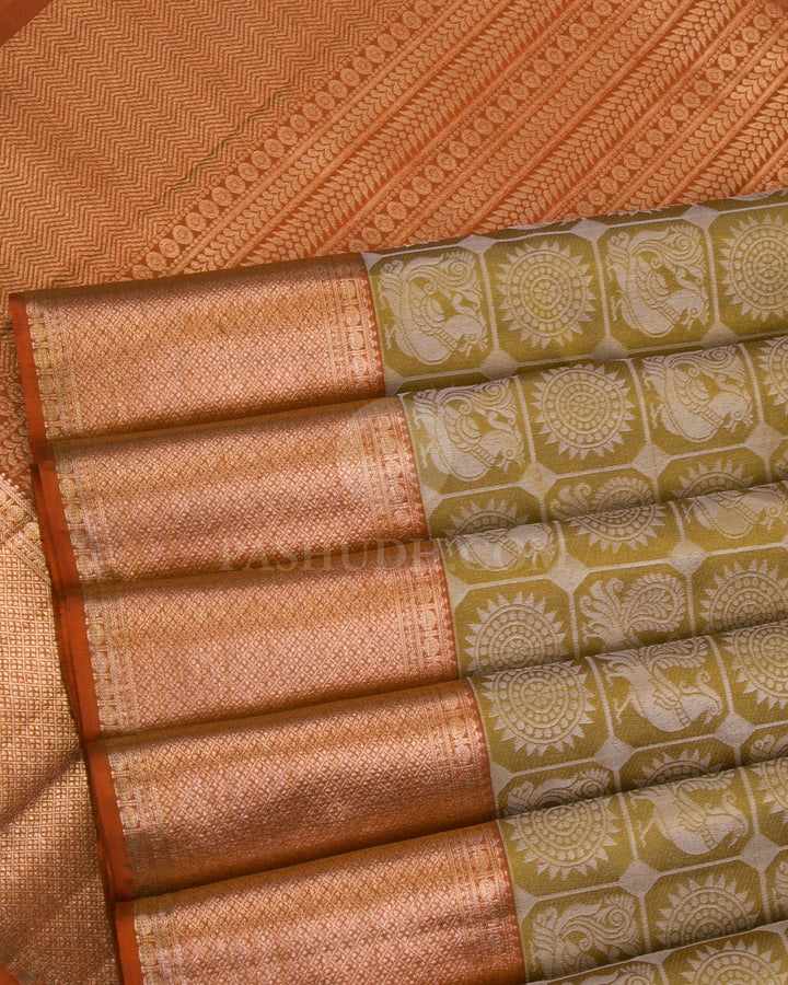 Golden Yellow And Rust Orange Kanjivaram Silk Saree - D542(A) - View 2