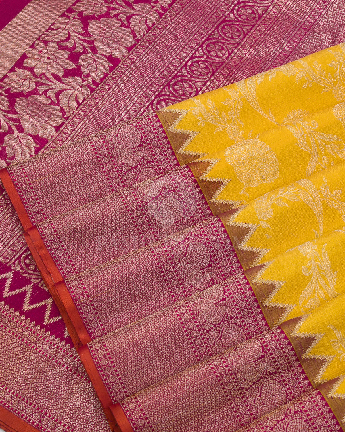 Bright Yellow & Magenta Kanjivaram Silk Saree - S1040(A) - View 4