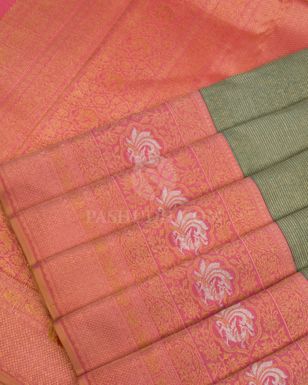 Olive Green & Pink Shot Orange Pure Zari Kanjivaram Silk Saree - P139(A) - View 4