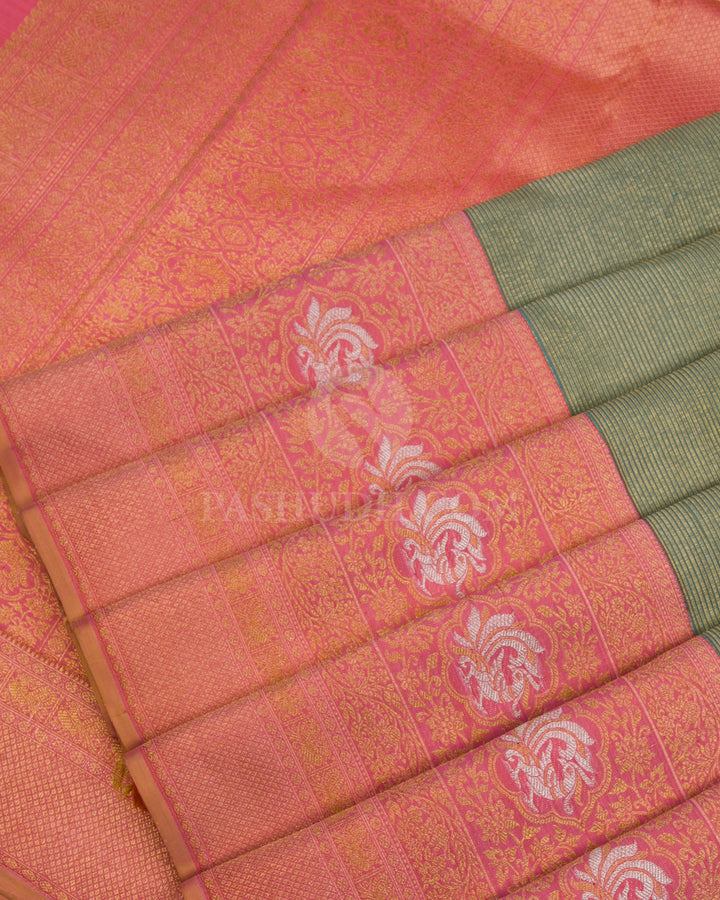 Olive Green & Pink Shot Orange Pure Zari Kanjivaram Silk Saree - P139(A) - View 4