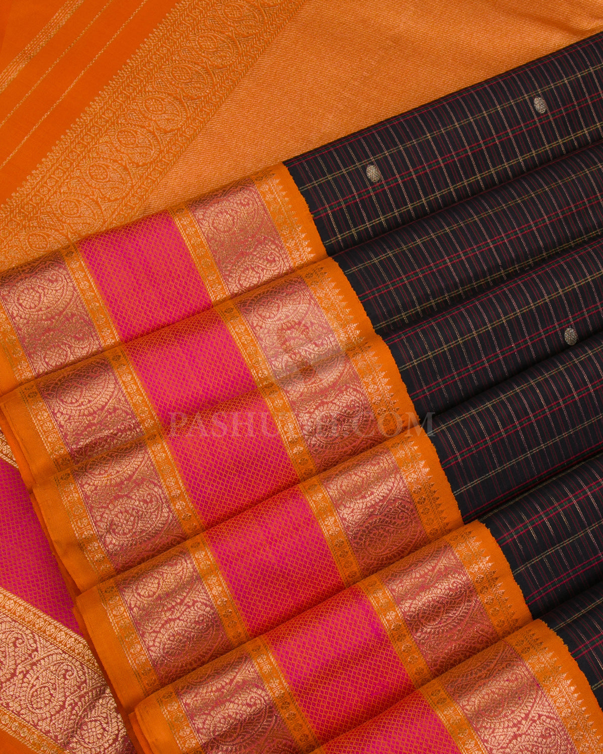 Black, Orange & Pink Kanjivaram Silk Saree - S1090(A) - View 4