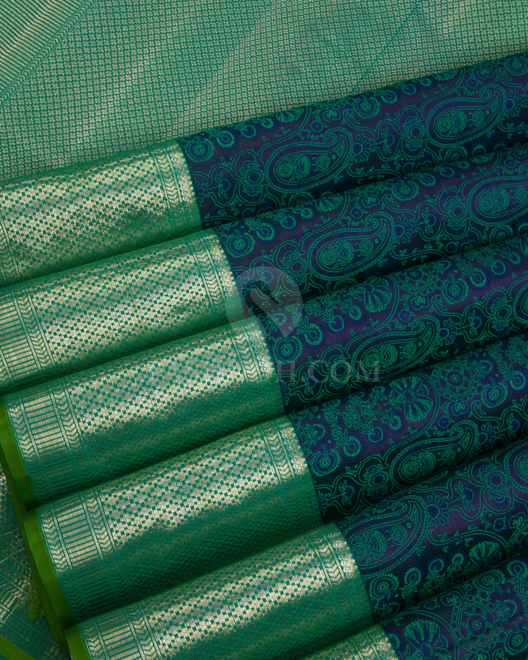 Dark Blue & Rama Green Kanjivaram Silk Saree - DJ285(C) - View 3
