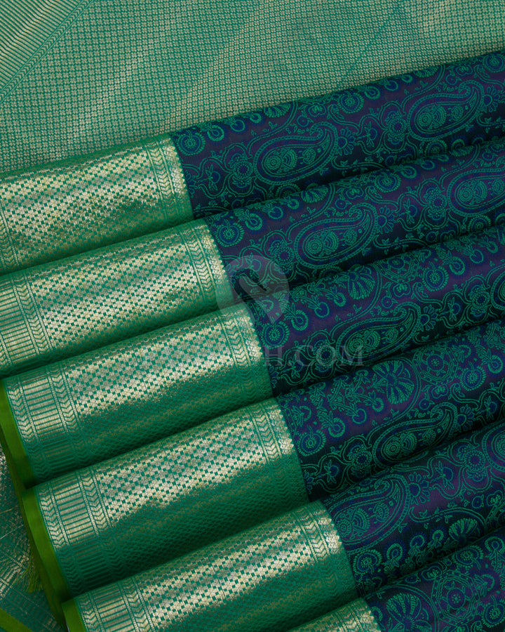 Dark Blue & Rama Green Kanjivaram Silk Saree - DJ285(C) - View 3
