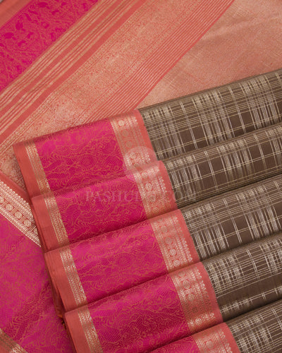 Khaki and Light Pink Kanjivaram Silk Saree - S784 -View 5