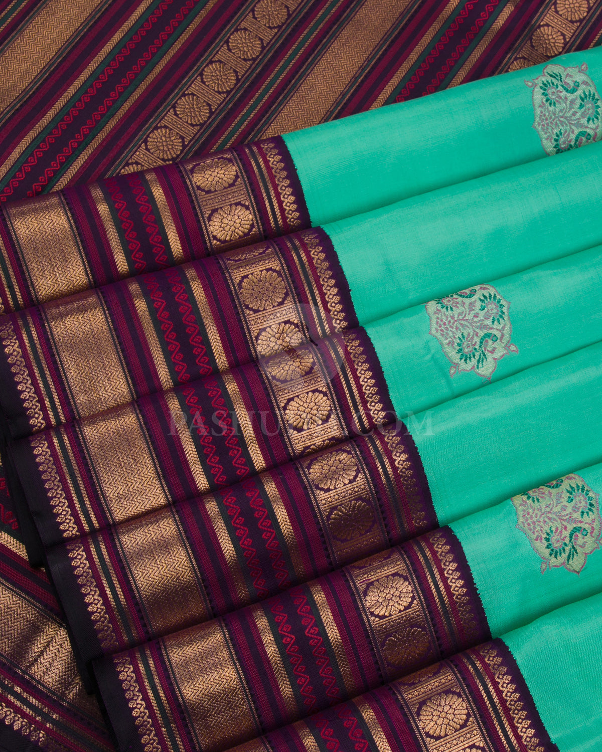 Sea Green & Dark Purple Kanjivaram Silk Saree - S1067(B) - View 4