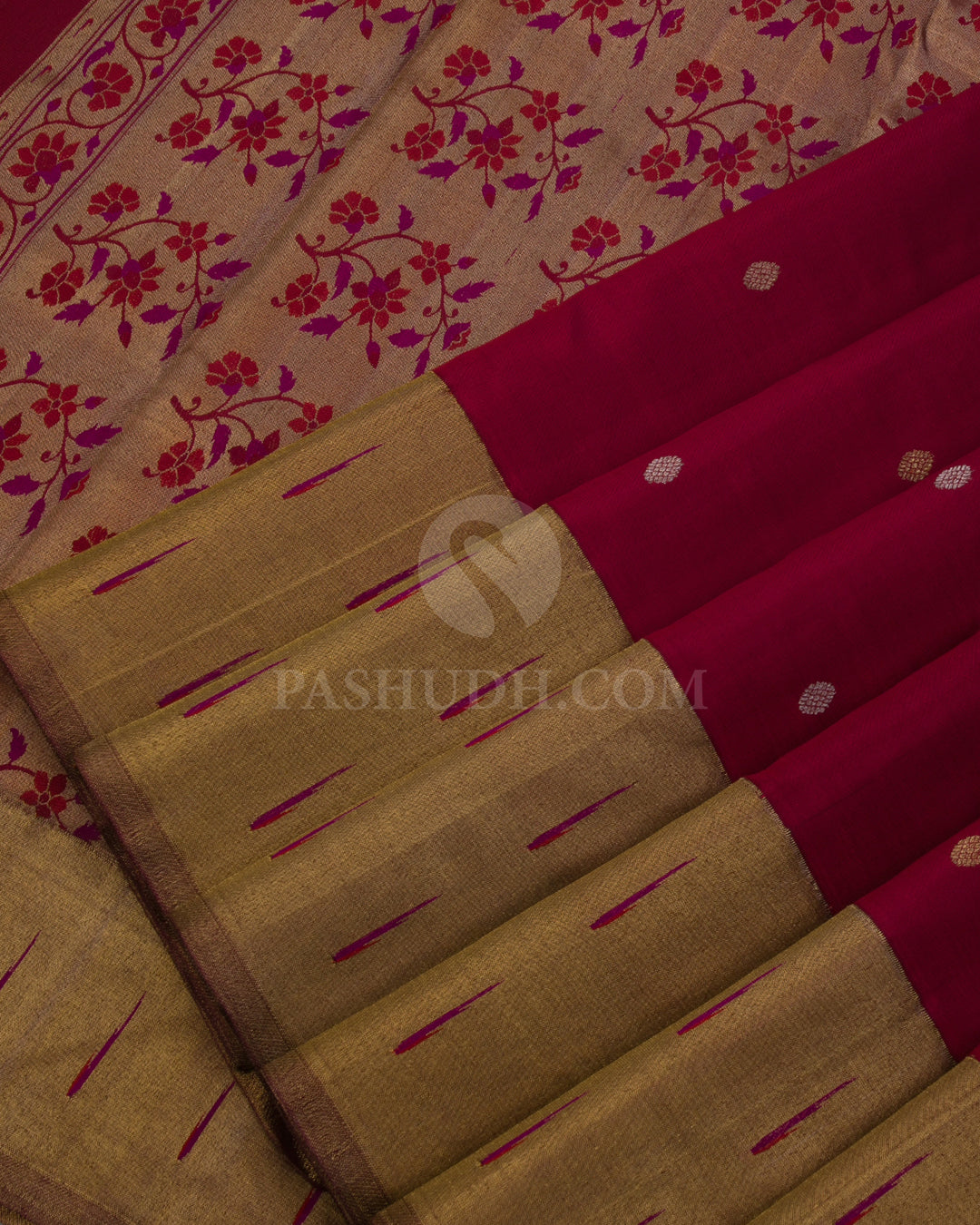 Maroon Pure Zari Kanjivaram Silk Saree with Paithani Border  - P133(A) - View 4