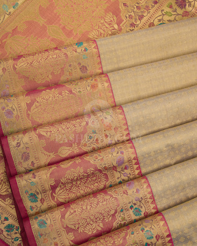 Gold & Pink Pure Zari Kanjivaram Silk Saree with Tissue Border - P148(A) - View 4