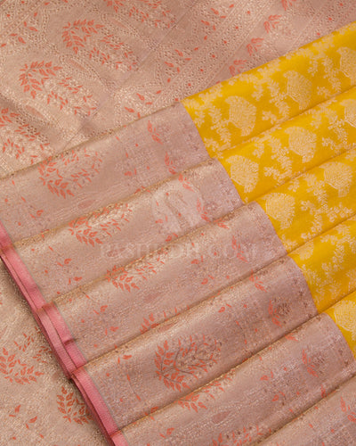 Tuskey Yellow & Peach Pink Kanjivaram Silk Saree - S1037(A) - View 4