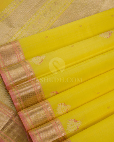 Lemon Yellow, Peach & Pink Kanjivaram Organza Silk Saree - S1100(B) - View 4