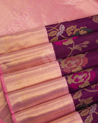 Purple & Baby Pink Pure Zari Organza Kanjivaram Silk Saree - P134(B) - View 4
