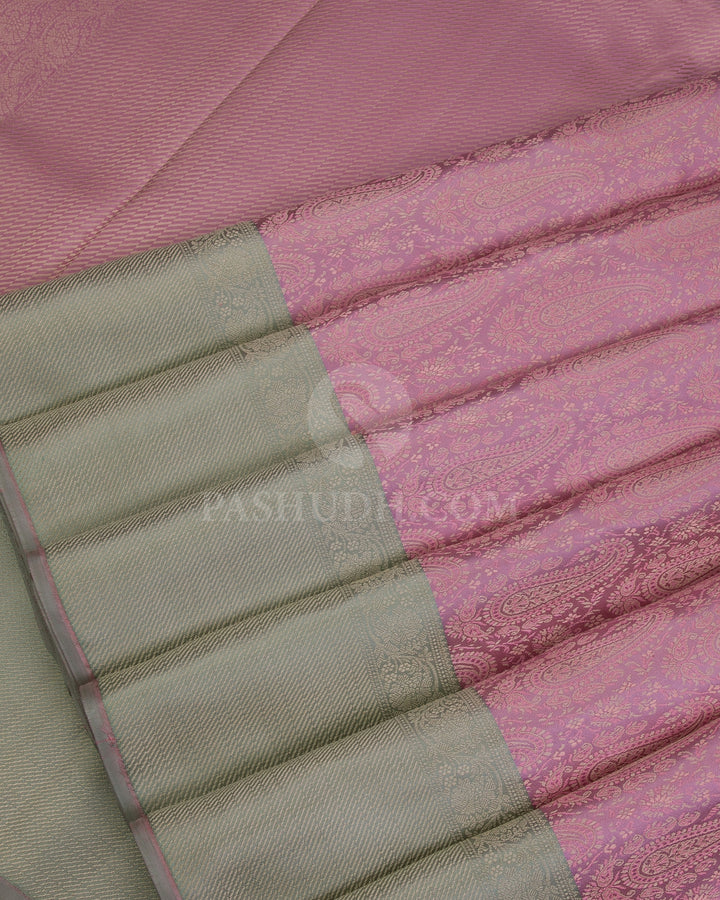 Pastel Pink and Sage Green Pashmina inspired Kanjviaram Silk Saree - D506(B) - View 3