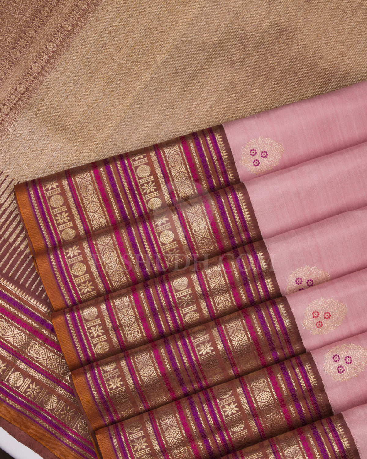 Mild Pink and Brown Pure Zari Kanjivaram Silk Saree - S721 - View 2