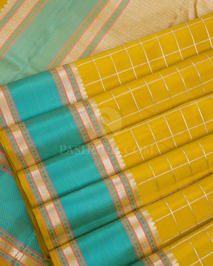 Mustard Yellow & Sky Blue Kanjivaram Silk Saree - D10 - View 3