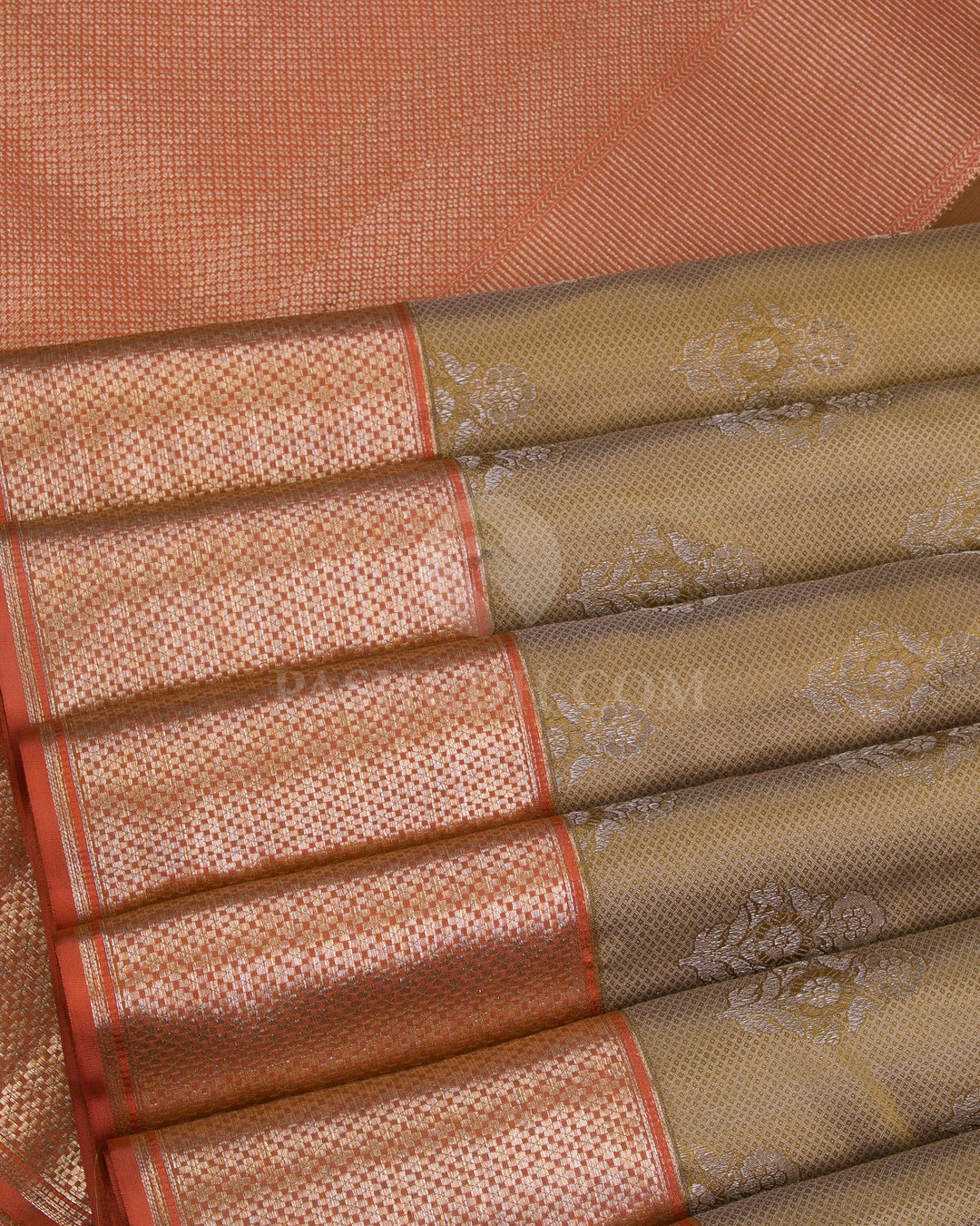 Golden Khaki And Rust Orange Kanjivaram Silk Saree - D529(B) - View 3