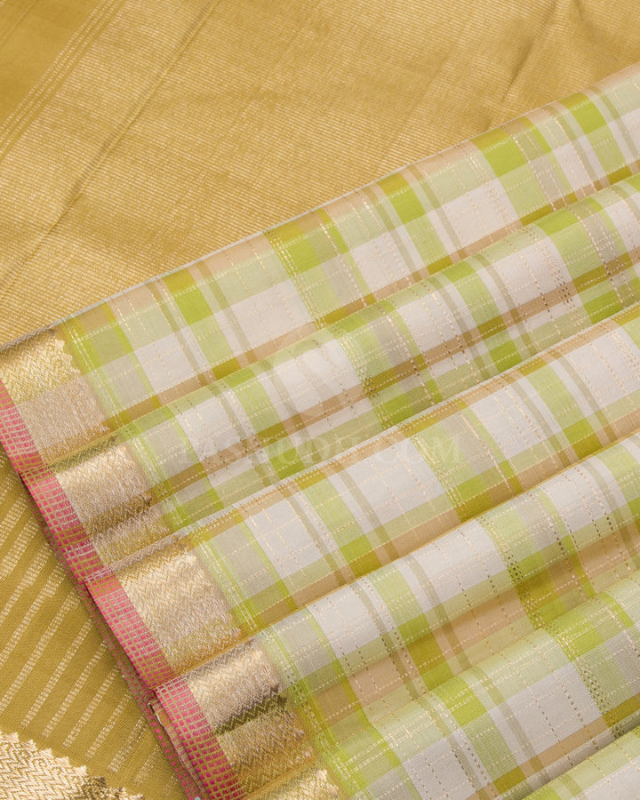 Cream, Light Green & Beige Kanjivaram Silk Saree - S1020(A) - View 4