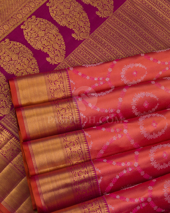 Orange And Magenta Kanjivaram Silk Saree - D541(A) - View 3