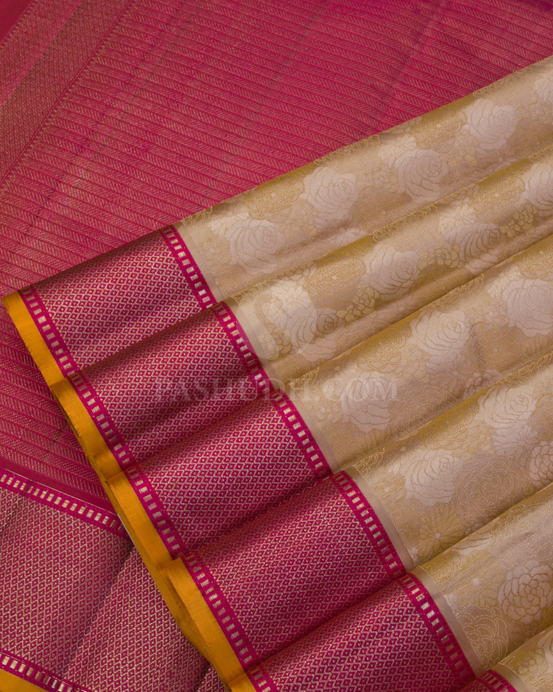 Beige & Rani Pink Kanjivaram Silk Saree - DJ279(A) - View 3
