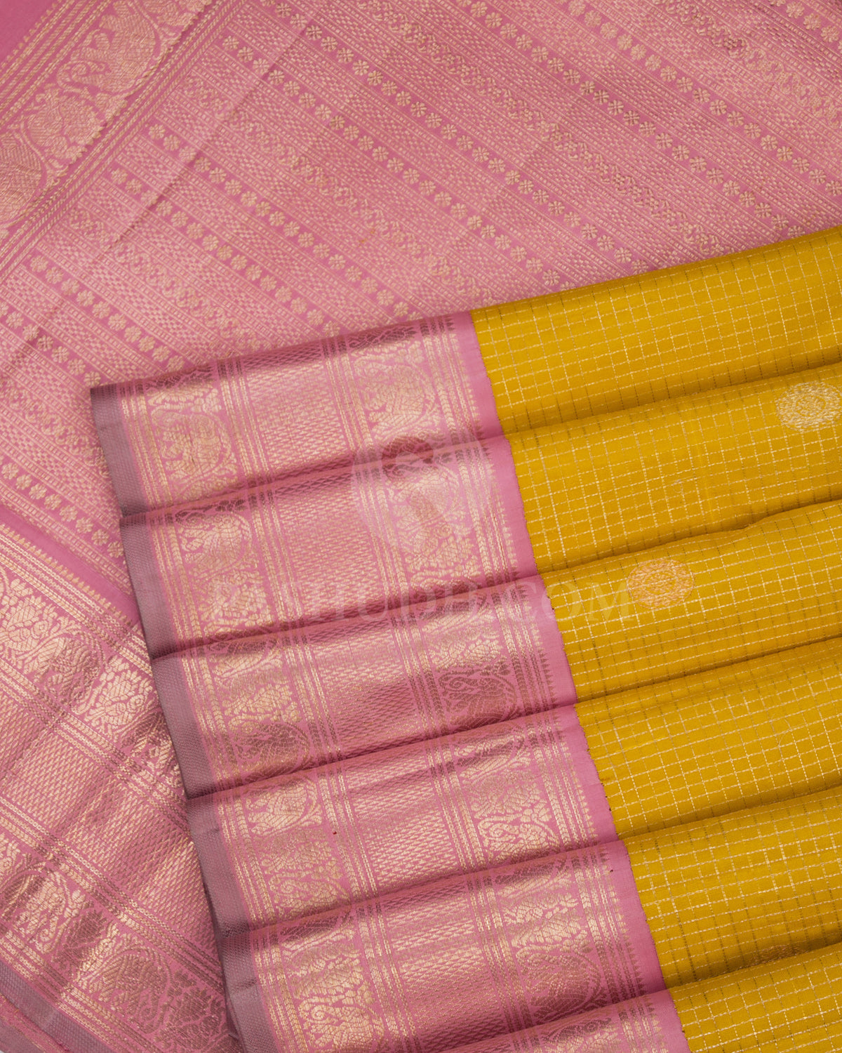 Turmeric Yellow and Baby Pink Kanjivaram Silk Saree - S697- View 5