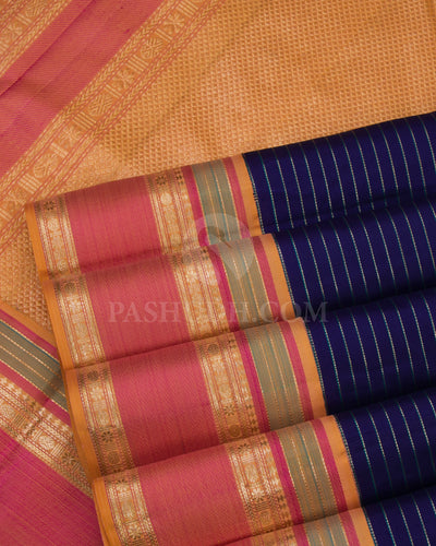 Dark Blue, Peach and Pink Kanjivaram Silk Saree - S706- View 5