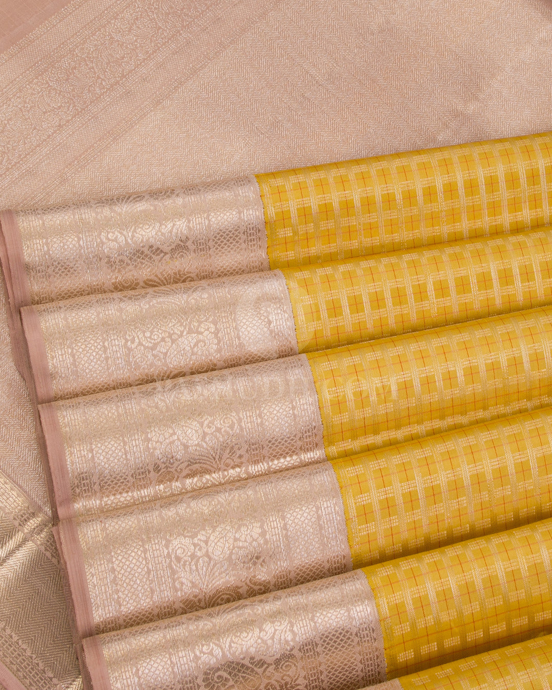 Mustard Yellow And Beige Kanjivaram Silk Saree - S1158(A) - View 4
