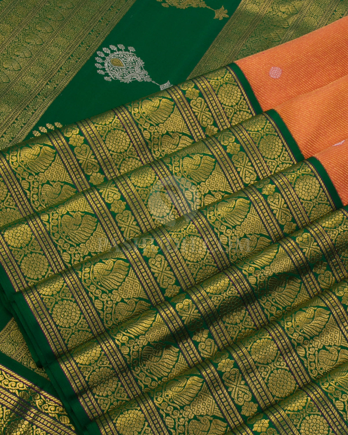 Orange & Green Pure Zari Kanjivaram Silk Saree - P138(A) - View 4