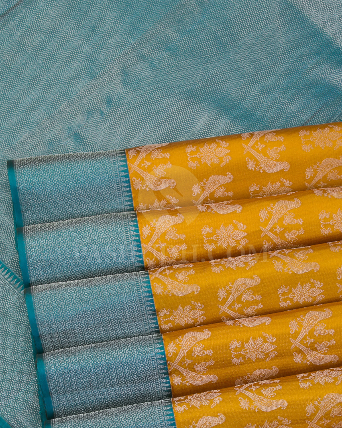 Golden Yellow and Teal Blue Kanjivaram Silk Saree - DT273(A) - View 3