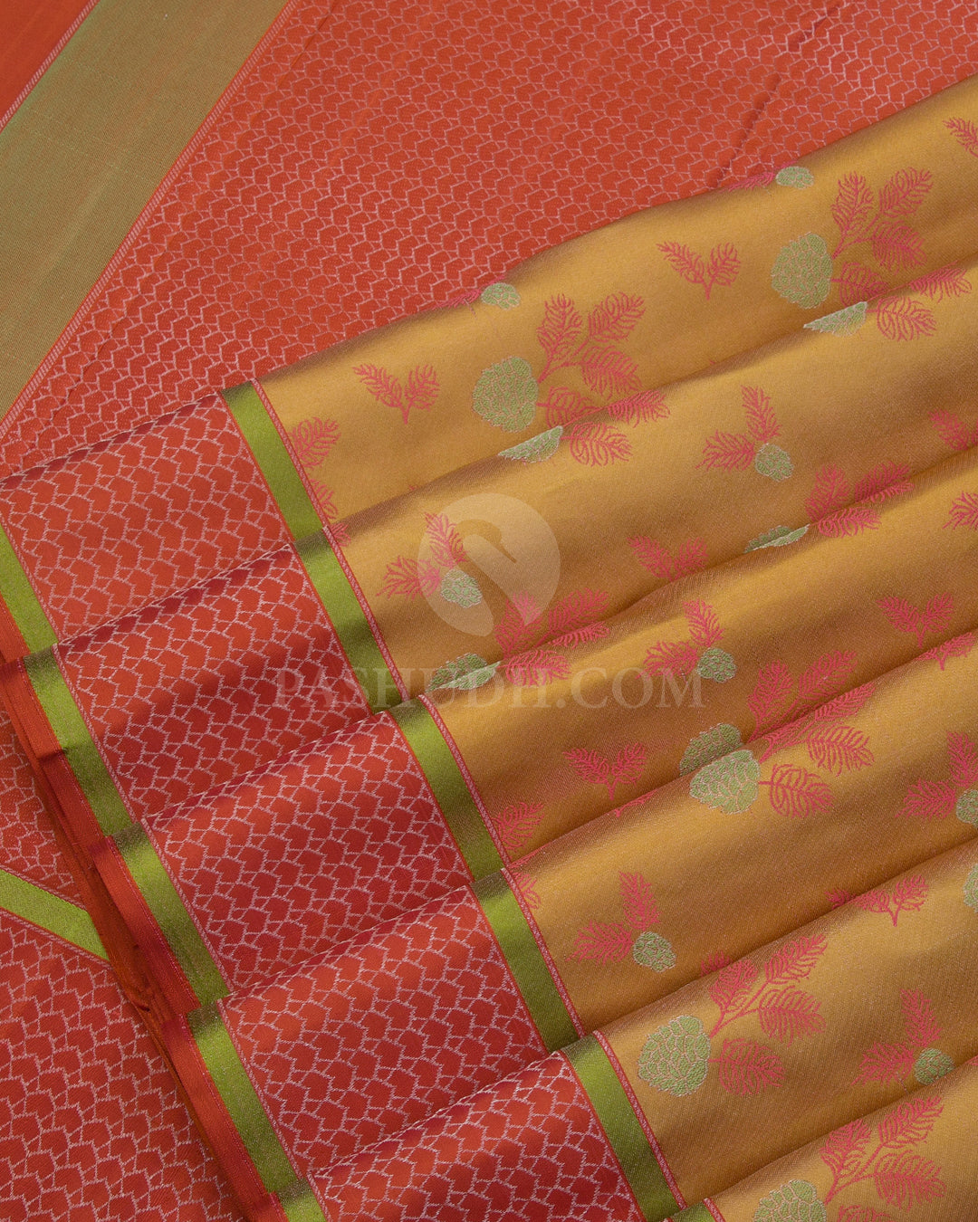 Golden Yellow & Rust Orange Kanjivaram Silk Saree - DJ277(B) - View 3