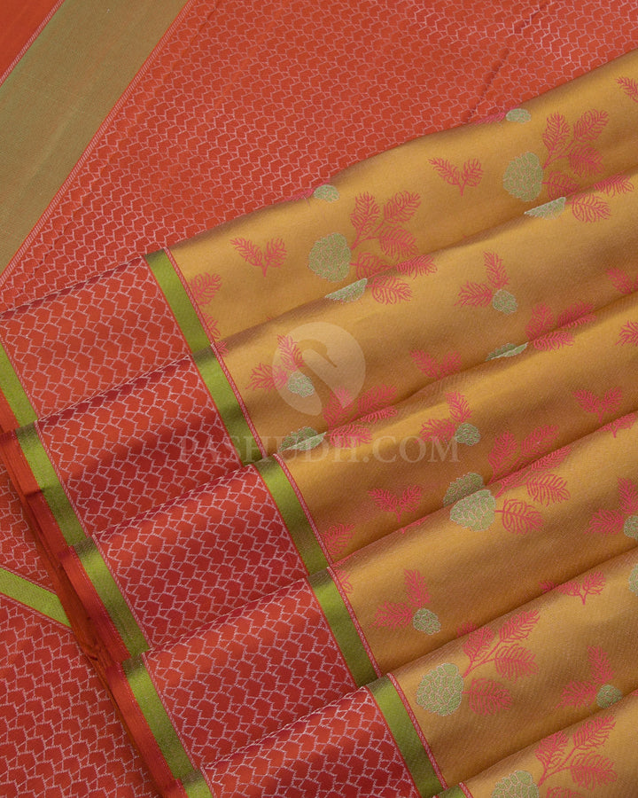 Golden Yellow & Rust Orange Kanjivaram Silk Saree - DJ277(B) - View 3