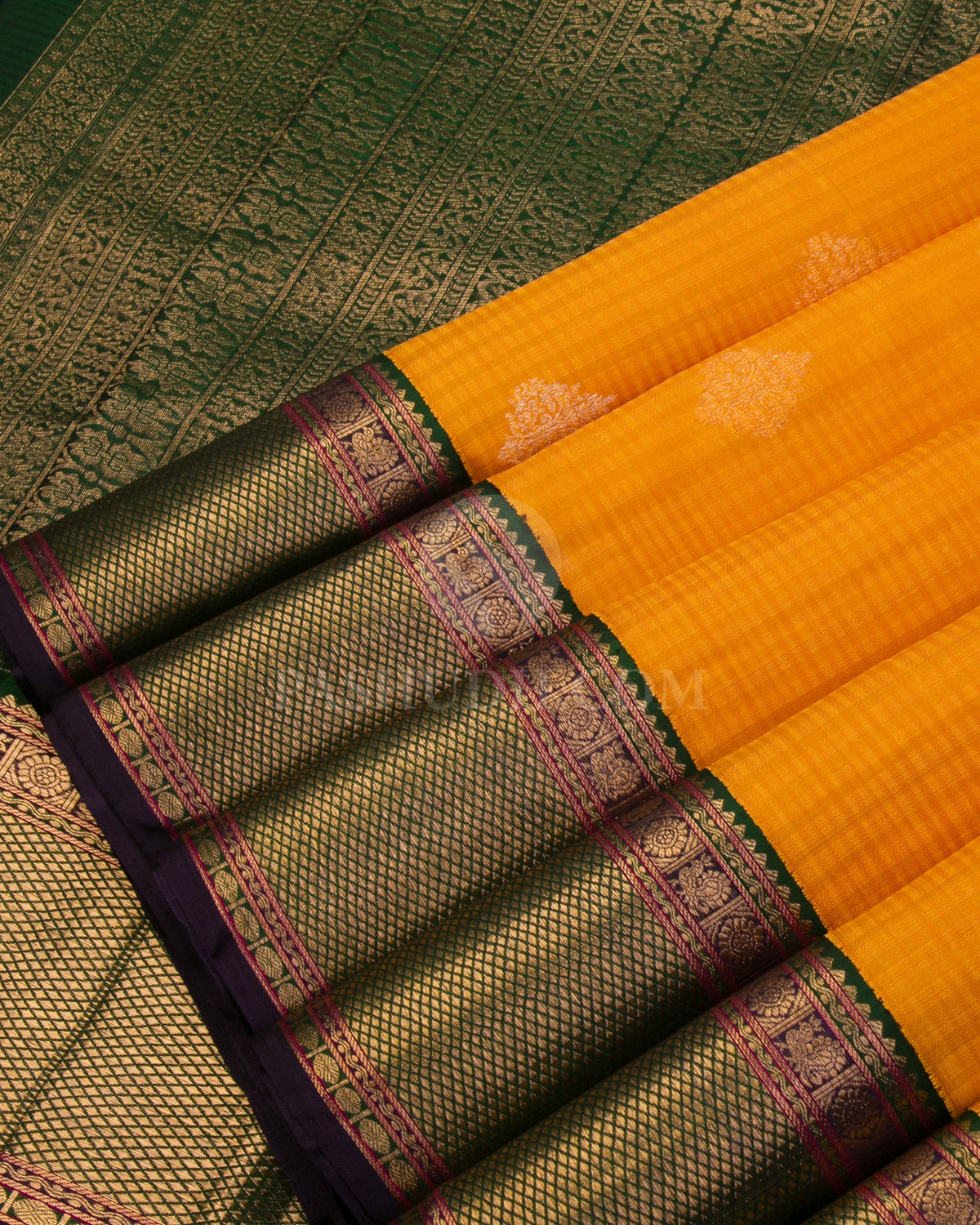 Orange & Deep Green Kanjivaram Silk Saree - S1017(A) - View 4
