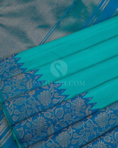 Turquoise Blue & Peacock Blue Rising Border Kanjivaram Silk Saree - S1063(A) - View 4