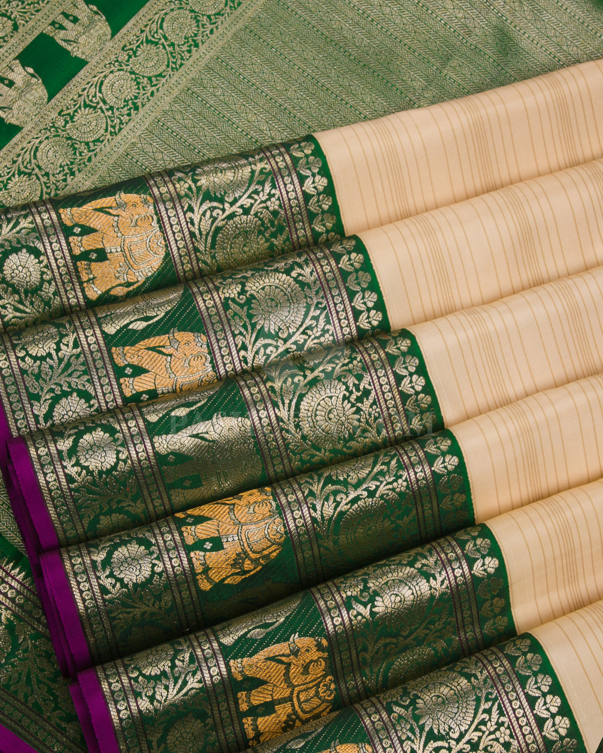 Cream & Forest Green Kanjivaram Silk Saree - S1013(C) - View 4