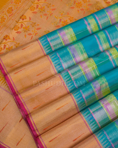 Anandha Blue & Mild Orange Pure Zari Kanjivaram/Paithani Silk Saree - P143(A) - View 4