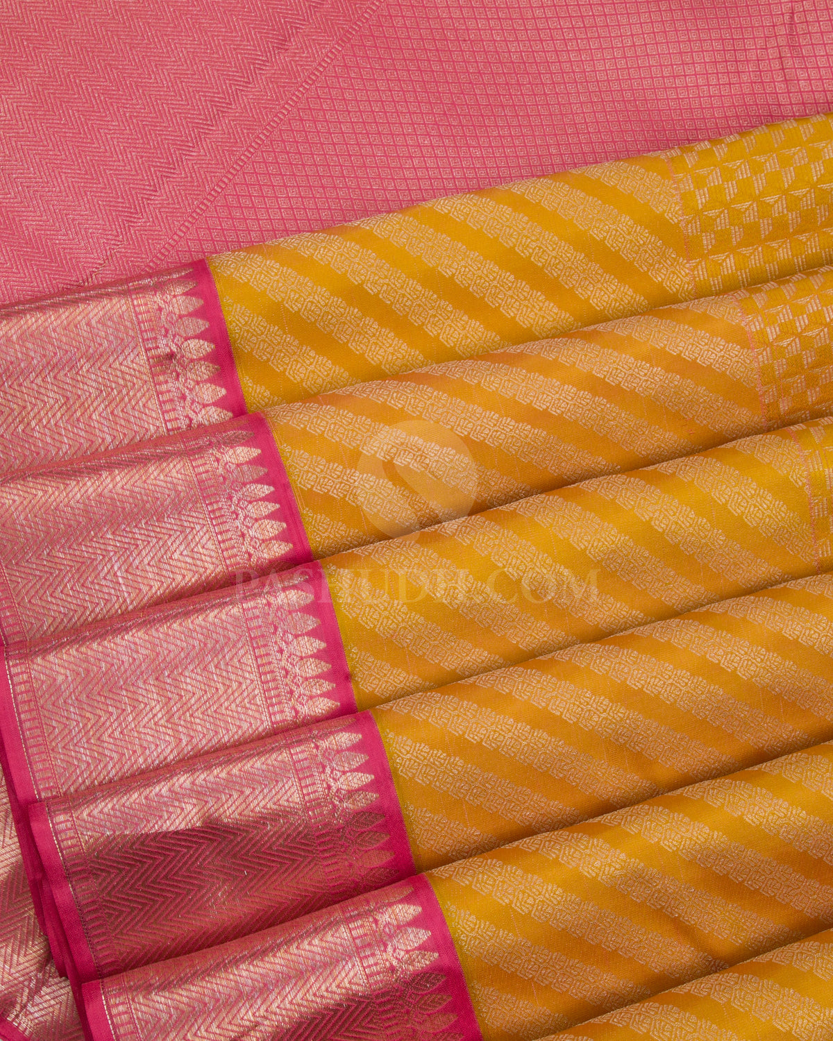 Mango Yellow & Fuchsia Pink Kanjivaram Silk Saree - DT262(A) - View 4