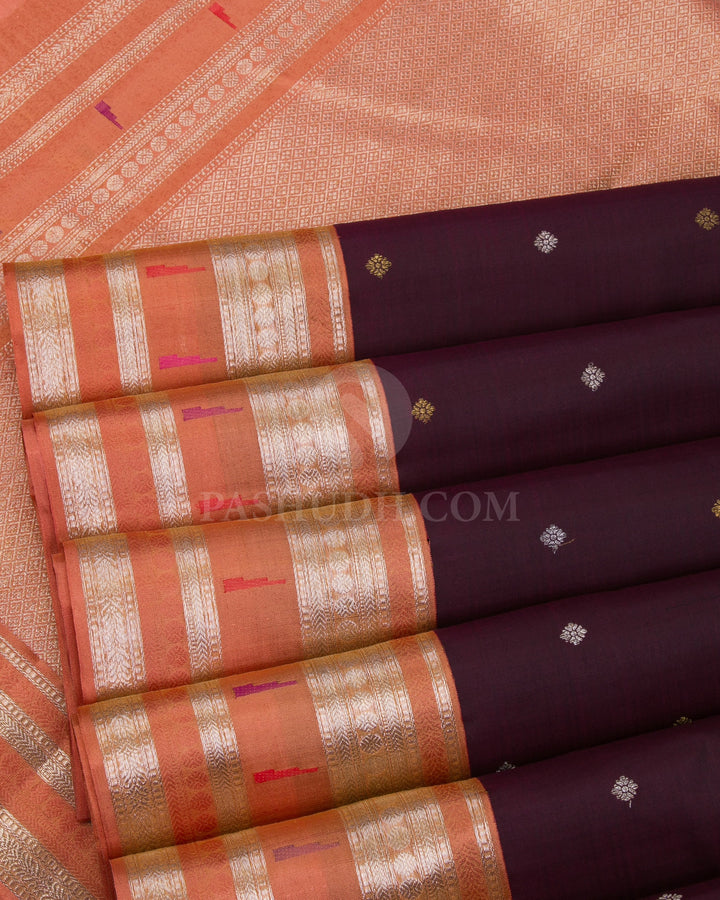 Wine And Pale Orange Pure Zari Paithani Kanjivaram Silk Saree - P141(B) - View 4