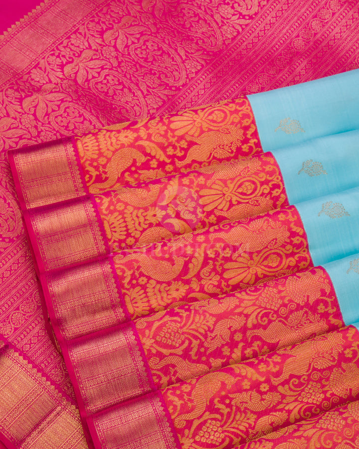 Sky Blue & Orange Shot Pink Kanjivaram Silk Saree - S872 - View 5