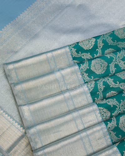 Teal Green & Powder Blue Kanjivaram Silk Saree - S889 - View 5