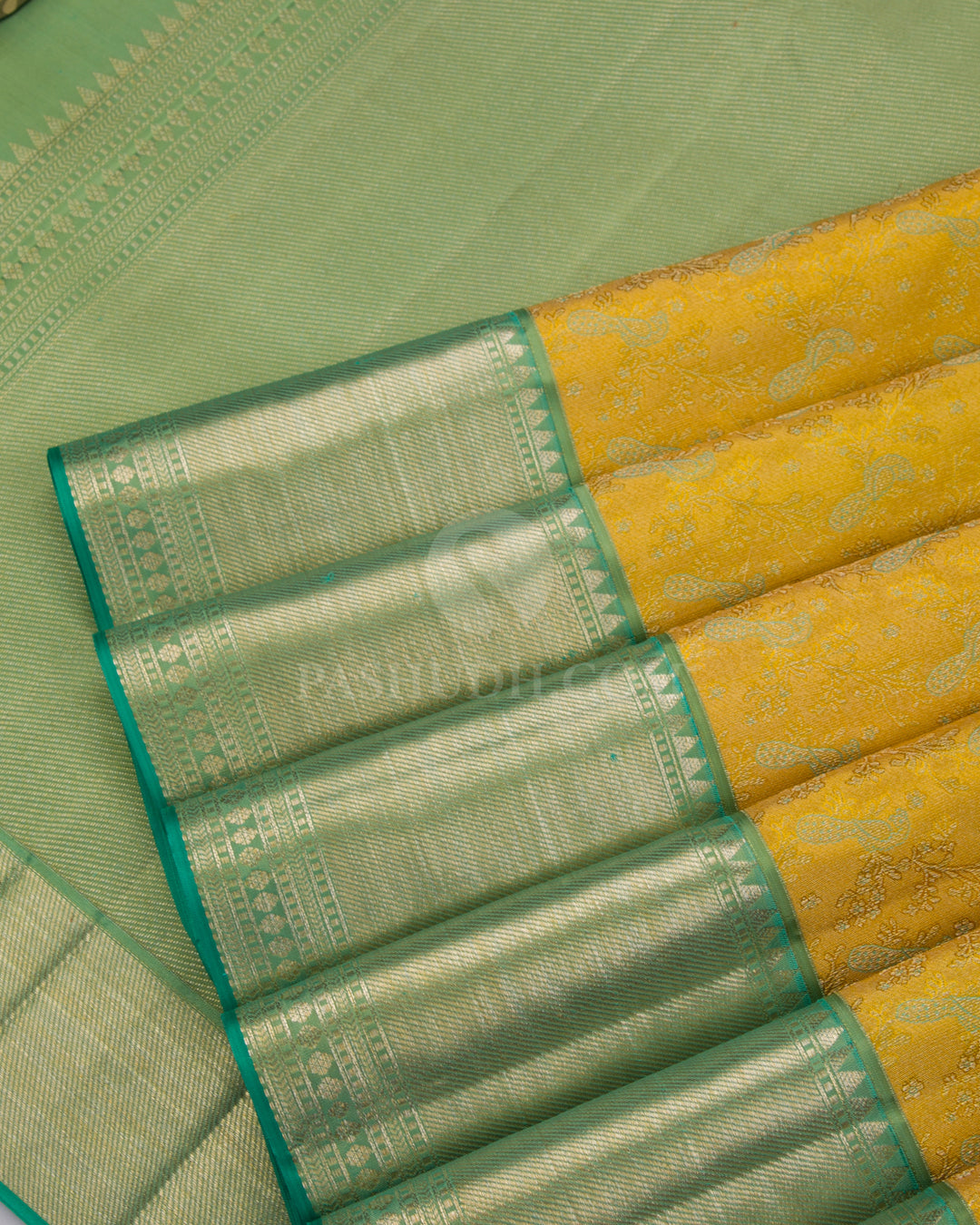 Mustard and Light Green Kanjivaram Silk Saree - DJ224 - View 3