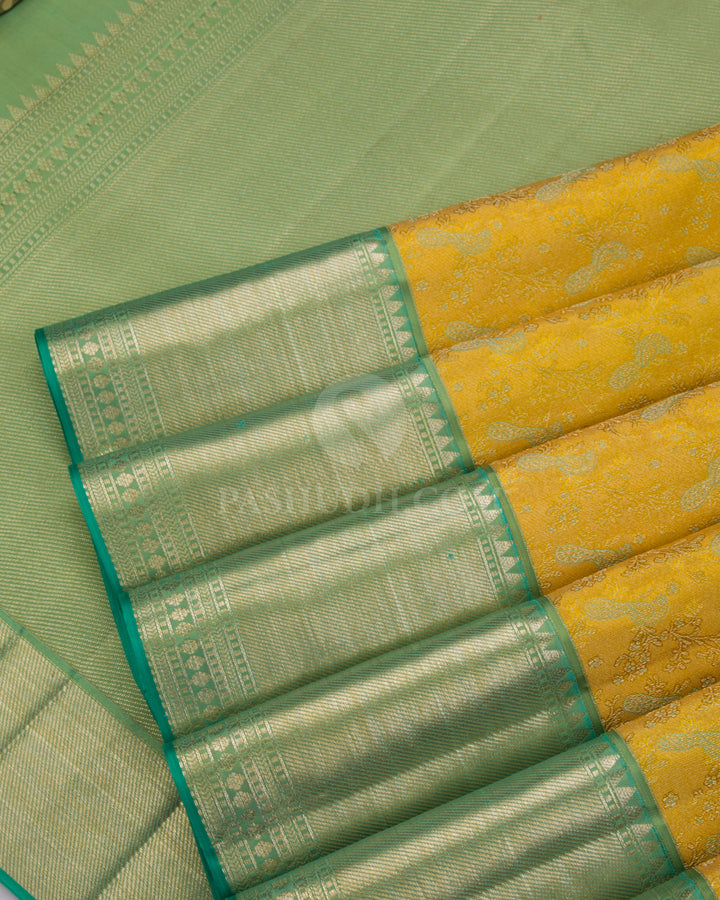 Mustard and Light Green Kanjivaram Silk Saree - DJ224 - View 3