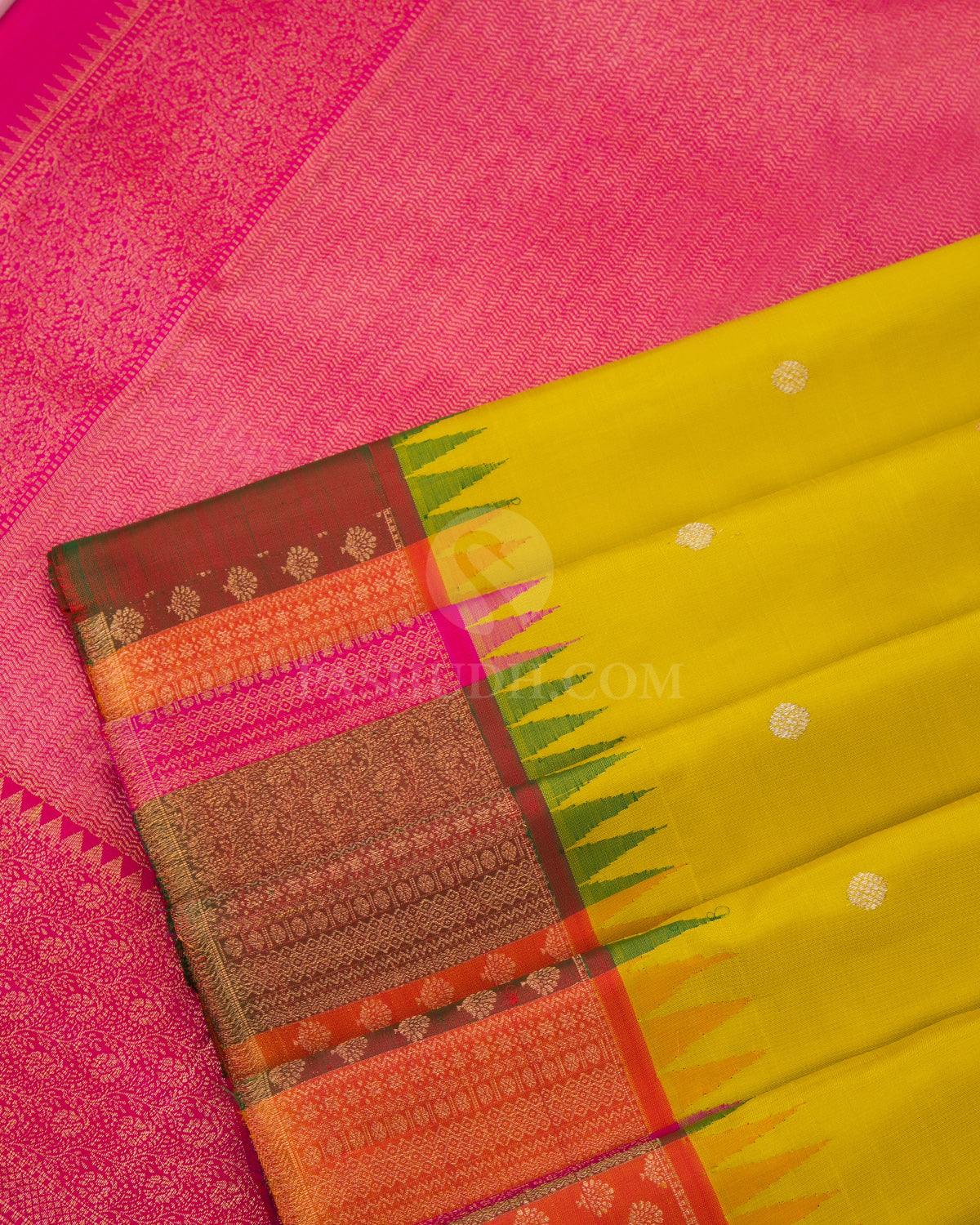 Yellow and Pink Kanjivaram Silk Saree - S785 -View 5