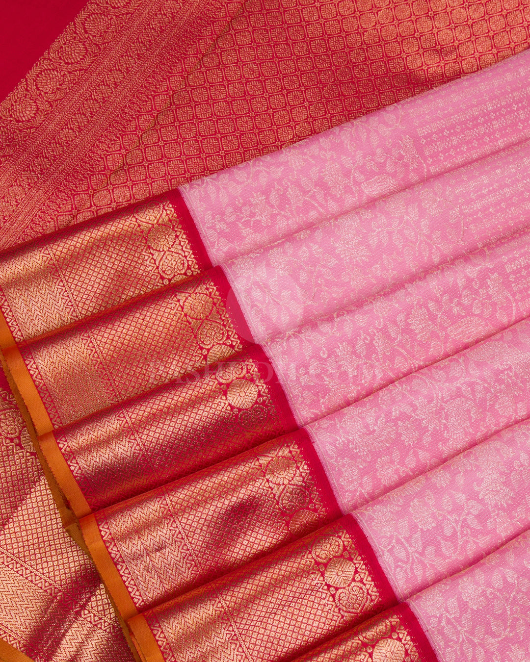 Rose Pink & Red Kanjivaram Silk Saree - S1076(A) - View 4