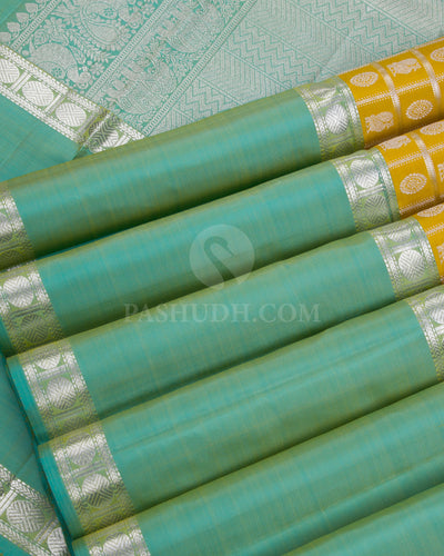 Tuscany Yellow & Cyan Kanjivaram Silk Saree - D3 - View 3